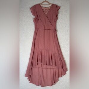 Altar’d State Pink Ruffle Sleeve Tiered Swiss‎ Dot Hi Low Dress L